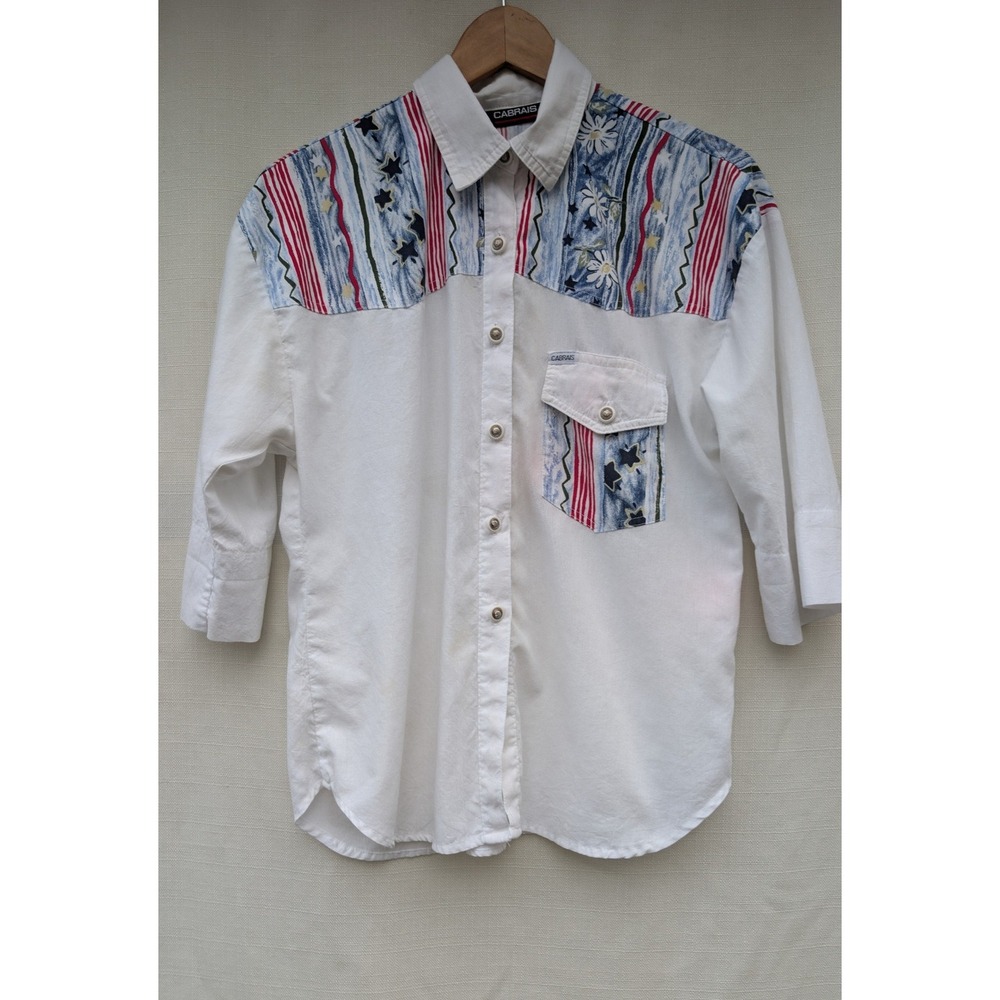 Cabrais Western Shirt Womens M L White Stars Stripes Concho Button Vintage 90s